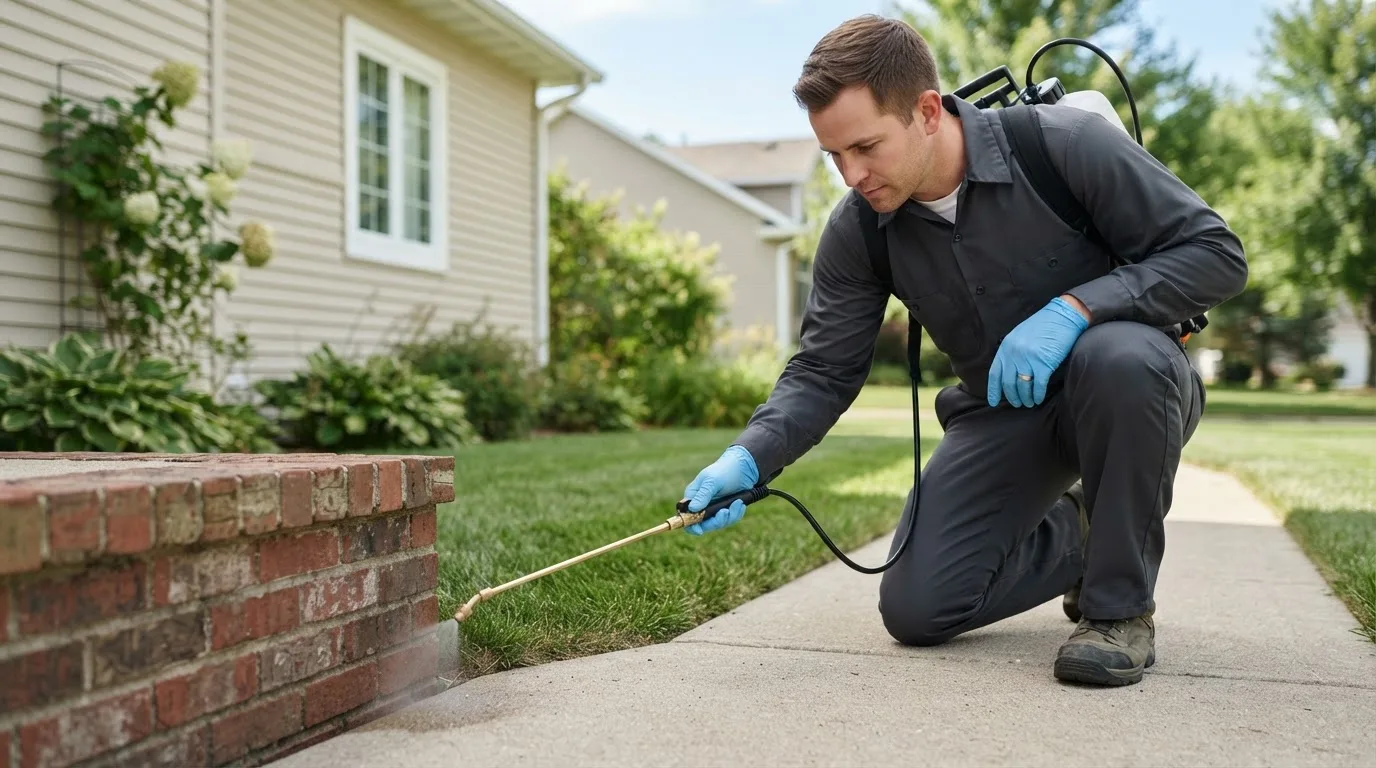 Pest control technician treating a home near Forest City, IA