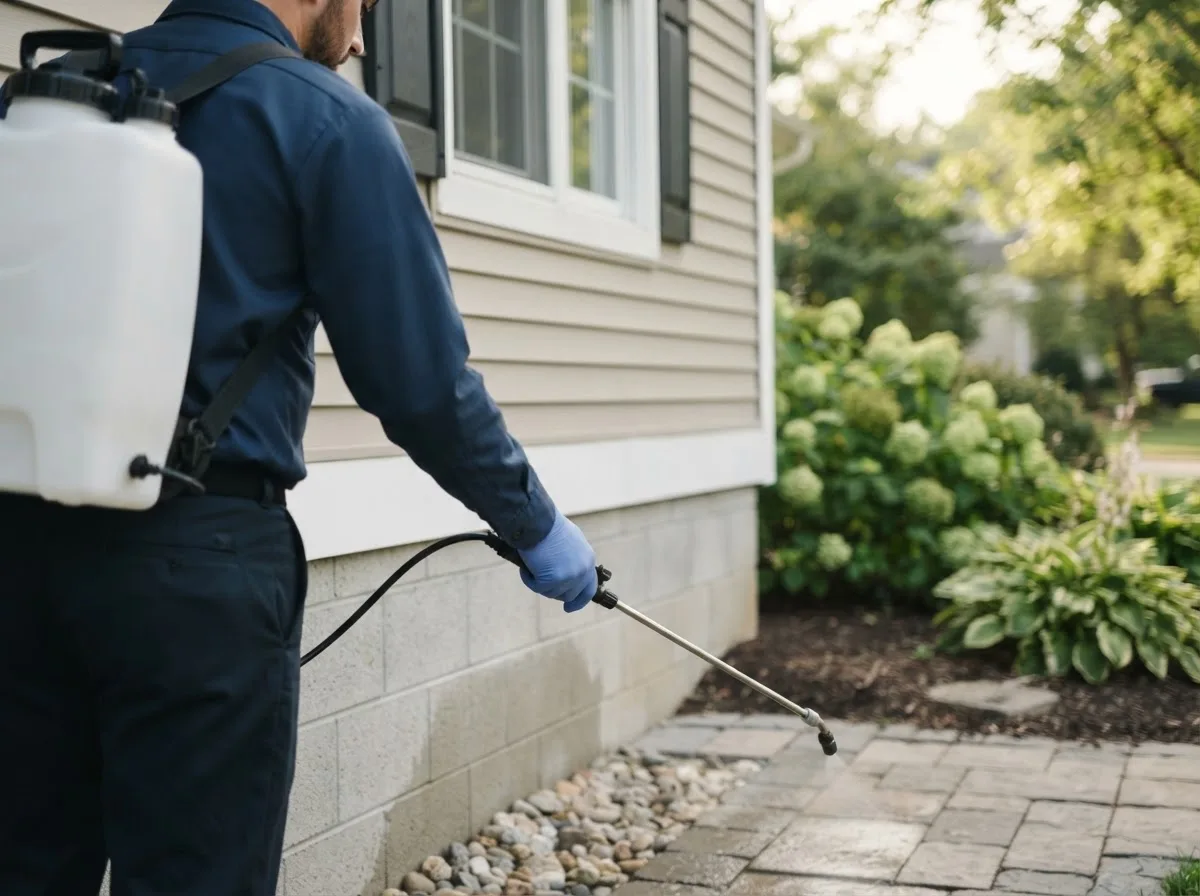 Pest control technician inspecting a home in Forest City, IA